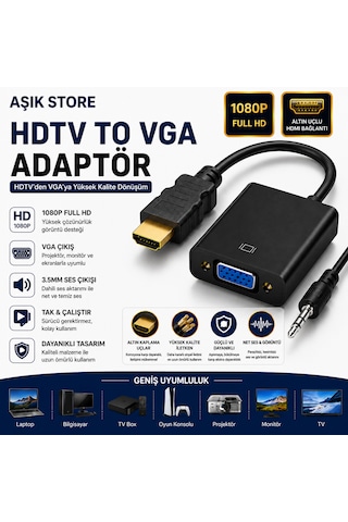 Hdmı To Vga Adaptör 1080p Full Hd Altın Uçlu 3.5mm Ses Çıkışlı Hdmı Erkek Vga Dişi Dönüştürücü Laptop Monitör Projeksiyon Tv Bilgisayar
