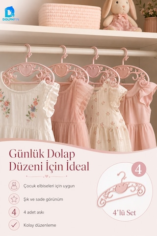 Prenses Elbise Askısı 4 Lü Plastik Bebek Çocuk Kıyafet Askısı Dolap İçi Düzenleyici 30x16 Cm Pembe