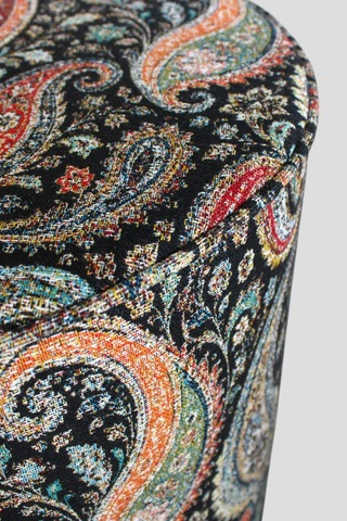 Desenli Goblen Dokuma Dekoratif Kendinden Biyeli Yuvarlak Puf Siyah