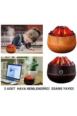 2 Adet Şömine Tasarımlı Usb Lı Led Aydınlatmalı Hava Nemlendirici,aromaterapik Hava Difüzörü,buhurdanlık,,sis Spreyli Gece Lambası, 300 Ml 10x10x10,3cm Kahverengi