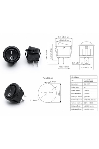 Yuvarlak Mini Anahtar 50 Adet 2 Pin 15 Mm Aç Kapa On-off Işıksız Switch Mini Buton Kcd11 Siyah 3a/250v/ac