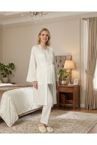 İkikareshop Bone 6201 Kadın Jakar Saten Sabahlıklı Lohusa Pijama Takımı Çok Renkli