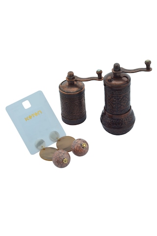 Motifli Baharat Değirmeni Bakır Renk 2 Li Set Top Küpe Hediyeli