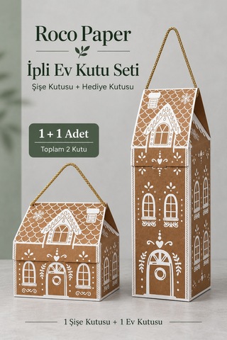 Yılbaşı Ev Tasarımlı İpli Hediye Kutusu Ve Şişelik Seti 2'li, Yeniyıl Kurabiye Ev Temalı Kutu Seti