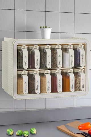 Kitchen Life 12'li Bej Standlı Kendinden Yapışkanlı Kaşıklı Standlı Baharatlık Takımı - Kapak Etiketli Baharatlık Bej