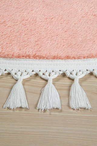 Vl Comfort Düz Saçaklı Peluş Halı Ekru Pembe Yuvarlak Saçaklı