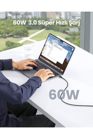 Ugreen Usb-c 60w 3a Qc Pd Hızlı Şarj Kablosu, 0,5 Metre, Siyah, 50996 Standart