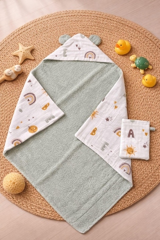 Heianmono Kundak Bebek Banyo Havlusu Dışı Müslin İçi Havlu (%100 Pamuk) (75x75 Cm) (Mint Yeşili) (0 - 24 Ay)