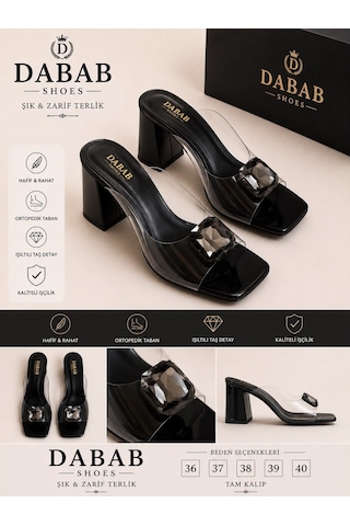 Dabab Shoes Andy Kadın Şeffaf Bantlı Taş Tokalı Kare Burunlu Siyah 7 Cm Kalın Topuklu Terlik