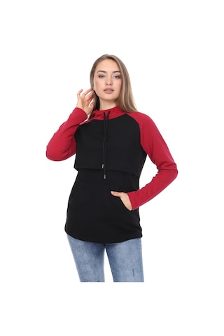 Luvmabelly Myra4525 Bordo&siyah Parçalı Kapüşonlu Ve Cepli Emzirme Sweatshirt