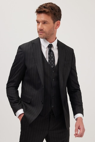 Tudors Erkek Slim Fit Siyah Esnek Likralı Kumaş Sivri Yaka Yelekli Takım Elbise-41294