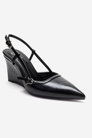 Luvishoes Celıa Siyah Cilt Sivri Burunlu Kadın Dolgu Topuklu Ayakkabı Siyah