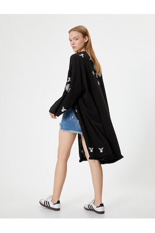 Koton Midi Kimono Nakışlı Oversize Asimetrik Kesim Siyah 4sal50006ıw Siyah