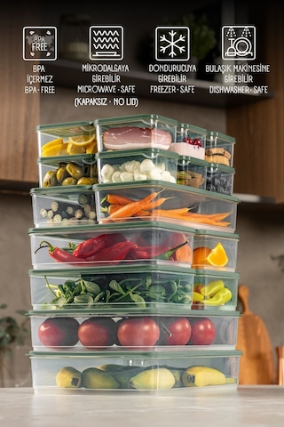 Vienev 20li Buzdolabı Dondurucu Organizer Ve Saklama Kabı Yeşil 12x 350ml 4x 1,75lt 2x 1,65lt 2x 3,5lt Yeşil
