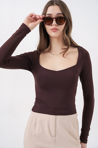 Bigdart Kadın Kare Yaka Slim Fit Bluz 986 - Kahverengi