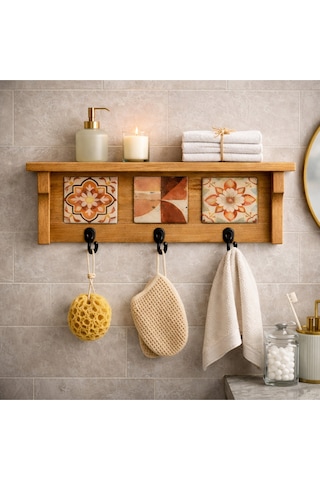 3 Askılı Doğaltaş Dekorlu Ahşap Duvar Düzenleyici Giriş Holü Anahtarlığı, Mutfak Ve Banyo Duvar Rafı 28x12-3 Askılık