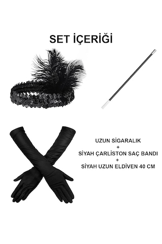 1920& Apos Ler Gatsby Aksesuar Seti Siyah Charleston Saç Bandı, Uzun Eldiven & Amp Amp Siga "