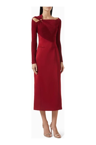Eegen Studio Eleanor Midi Dress - Zarif Tasarım, Altın Yüzük Dekolteli, Uzun Kollu, Etkileyici Midi Elbise Kırmızı