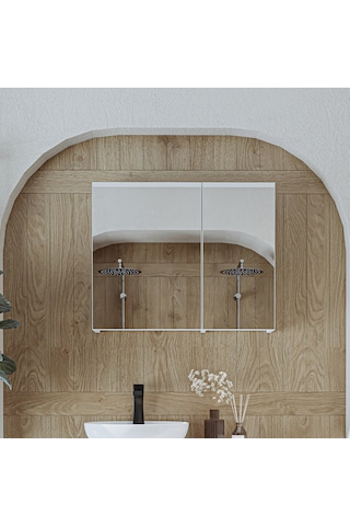 Banyo Dolabı Kulpsuz 2 Kapaklı Mdf 75 Cm Aynalı Banyo Üst Dolabı Mat Beyaz