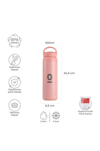Pembe Tutacaklı Paslanmaz Çelik Termos No:132 500 Ml Vakumlu Sızdırmaz Termos