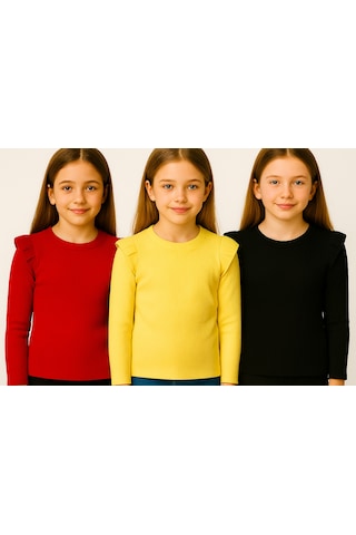 Kız Çocuk 3'lü Uzun Kollu Badi. 6 Ay 7 Yaş Arası 3 Lü Badi Seti Fırfır Detaylı %100 Pamuk Kız Bebek Kırmızı