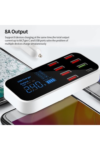 Jeemson A9s+ Araç Şarj Cihazı 8 Usb Portu Led Ekran Qc3.0 Hızlı Şarj Type-c Akıllı Akım Dağıtımı 40w Maksimum Güç
