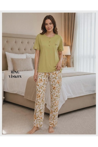 Mihra Kadın Ring Viskon Düğmeli Yaka Kısa Kol Likralı Pijama Takımı 40112fy - 1 Adet Yeşil