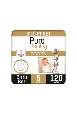 Pure Baby Organik Pamuklu Cırtlı Bez 3'lü Paket 5 Numara Junior 120 Adet 3'lü