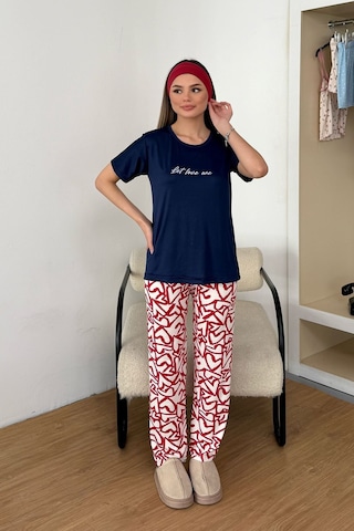 Giysa Kadın Bisiklet Yaka Desenli Kısa Kollu Pijama Takımı Lacivert - 26y 2601