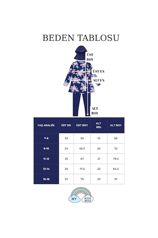 My Kids Wear Kız Çocuk Tesettür Mayo 3 Lü Takım Üst + Tayt + Bone 12566 Lacivert