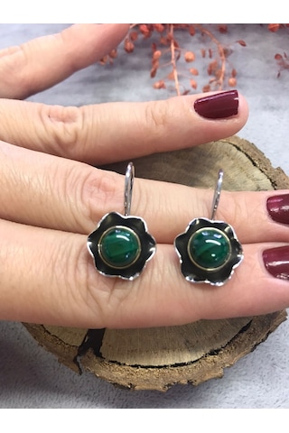 Malahit Malakit Taşı Gümüş Küpe 925 Ayar Doğal Taş