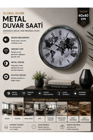 Global Silver 40 Cm Metal Duvar Saati Krom