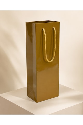 Şişelik İpli Altın Karton Poşet, 25 Adet - 12x10x38 Cm, Kalın Yap