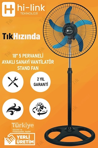 Hi-Link Vantilatör 5 Metal Kanatlı 3 Kademe 18" Sanayi Tipi - 80W Siyah