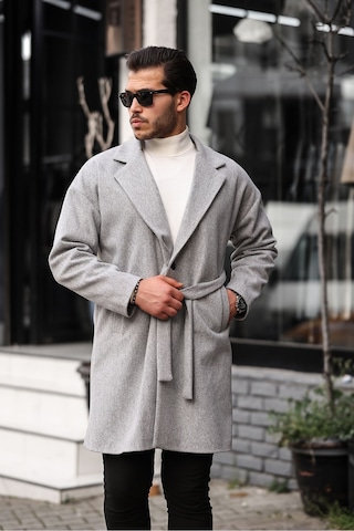 Mero Life Erkek Açık Gri Kemerli Oversize Rahat Kesim Kaşe Kaban Açık Gri