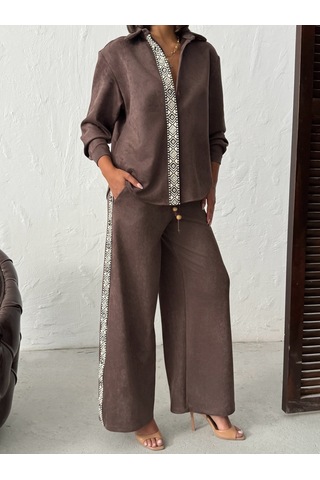 Verymoda Şerit Detaylı Scuba Süet Pantolon F1972 Kahve