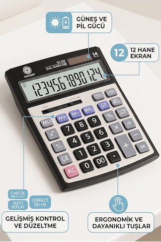 Hesap Makinesi Siyah Gri 15x19.5 Cm 1 Adet Cockpıt Ck-534 12 Haneli Büyük Boy Hafızalı Ofis Büro Masaüstü Hesap Makinası Gr