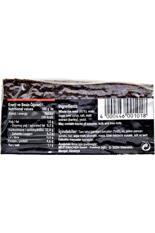 Mestemacher Siyah Çavdarlı Tam Tahıl Ekmeği 500 G