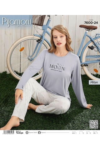 Pijamoni Kadın Milan Bisiklet Yaka Uzun Kol İnce Pijama Takımı 7600/24 - 1 Adet Gri