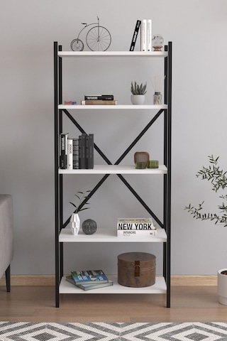 5 Raflı Dekoratif Metal Ofis Kitaplığı Aksesuar Rafı Troya Beyaz