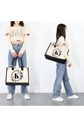 Tuval El Çantası Mektuplar Çiçek Taşınabilir Plaj Omuz Alışveriş Tote Çanta A425 Siyah