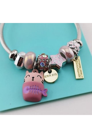 Pembe Charm Detaylı Kadın Bileklik Sevimli Figürlü Çelik Charm Bileklik Gümüş