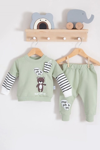 Gift For You Desenli 2'li % 100 Pamuk Erkek Bebek Takımı Yeşil