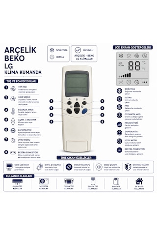 Arçelik Beko Lg Klima Kumandası Lcd Ekranlı Isıtma Soğutma Fan Mod Zamanlayıcı Yedek Kumanda