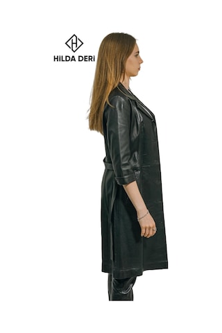 Hilda Deri Yarım Kollu Siyah Hakiki Deri Düğmeli Elbise Trençkot Diana 001