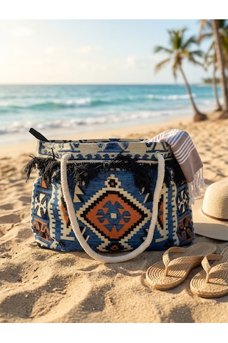Etnik Desenli Kilim Omuz Ve Plaj Çantası 50x30 Cm Açık mavi