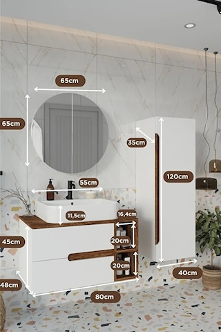 Koza Beyaz 80 Cm %100 Mdf Banyo Dolabı Ayna Lavabo Boy Dolabı Beyaz