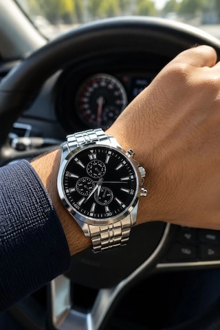 Erkek Gümüş Renk Metal Kordon Analog Kol Saati Takvim Göstergeli Siyah Kadran - Gümüş Çok Renkli