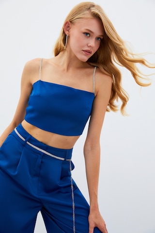 Sateen Taş Askılı Saten Crop Bluz - Mavi-134981 Mavi