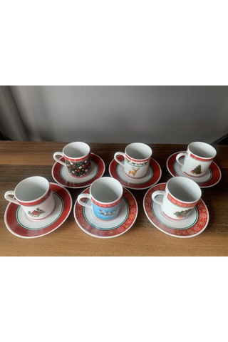 Yeni Yıl-noel Karışık Model 12 Parça 6 Kişilik Porselen Türk Kahvesi Fincan Takımı Çok Renkli